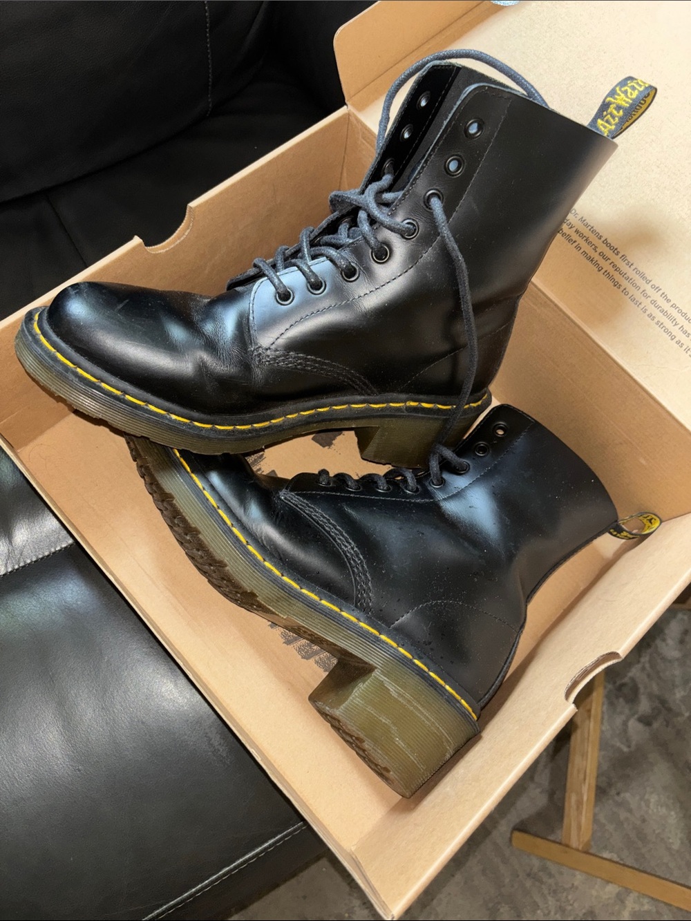Dr. Martens Black Leather 8-Eye Lace-Up Boots with Yellow Stitching